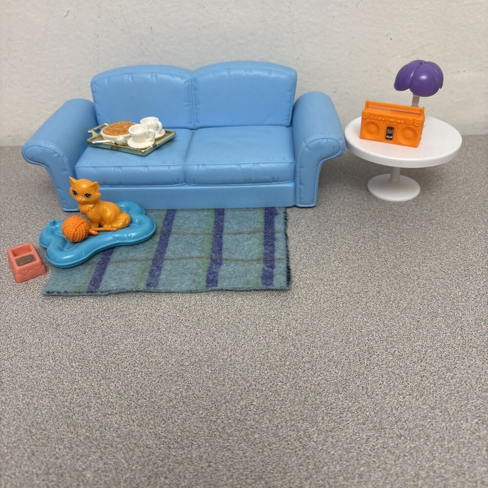 Mattel Barbie FURNITURE Doll House, Sofa, End Table, Rug, Kitty,‎ Lamp And More